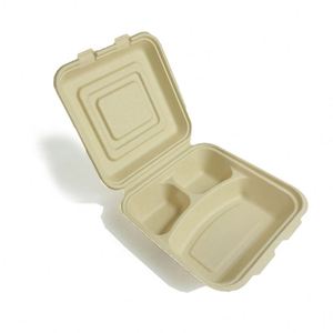 Boîte à clapet compostable jetable en pulpe de bambou à 3 compartiments de 9 pouces pour plats à emporter et fêtes - Product Image 1