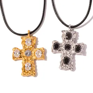 Trendy Vintage Style Rope Chain Stainless Steel 18K Gold Plated Cross Pendant Necklace for Couples