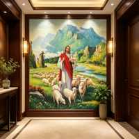 Peinture murale Jésus-Christ le Bon Pasteur, Papier peint d'art chrétien classique, Tête de lit de suite d'hôtel, Salle d'activités d'église, Décoration de hall d'entrée