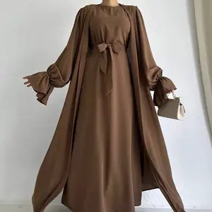 3373 Kuwii Wholesale Muslim Clothing Turkey Solid Islamic Flared Sleeves Women's Fashion Muslim Suit Dress Two Piece Abaya Set