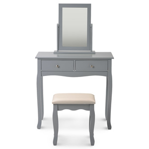 Juego de tocador minimalista con cajones y espejo, escritorio de maquillaje gris con taburete para dormitorio o área de vestidor - Product Image 1