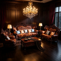 Luxuriöses Europäisches Königliches Handgeschnitztes Massivholz Echtleder-Sofa-Set Klassische Wohnzimmermöbel 3-2-1-Sitzer
