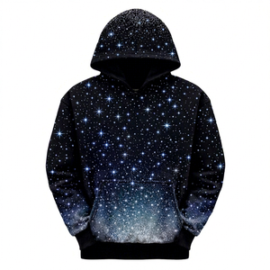 เสื้อฮู้ดดี้ปักโลโก้แบบกำหนดเอง สีดำสนิท ประดับคริสตัลสีเงินทั่วตัว ผ้าฟลีซหนานุ่มสำหรับผู้ชาย สไตล์สตรีทแวร์ - Product Image 1
