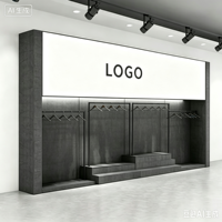 Présentoir mural personnalisé en MDF pour vêtements, style industriel, avec boîte lumineuse pour logo et plateforme étagée