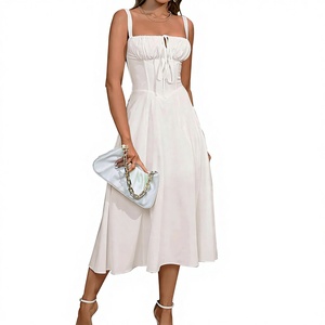 Abito Midi Floreale con Scollo Quadrato, Corsetto e Spalline Sottili, con Spacco e Allacciatura, per <span class=keywords><strong>Donna</strong></span>, Ideale per Ospiti di Matrimonio, Tea Party e Occasioni Casual Estive - Product Image 4