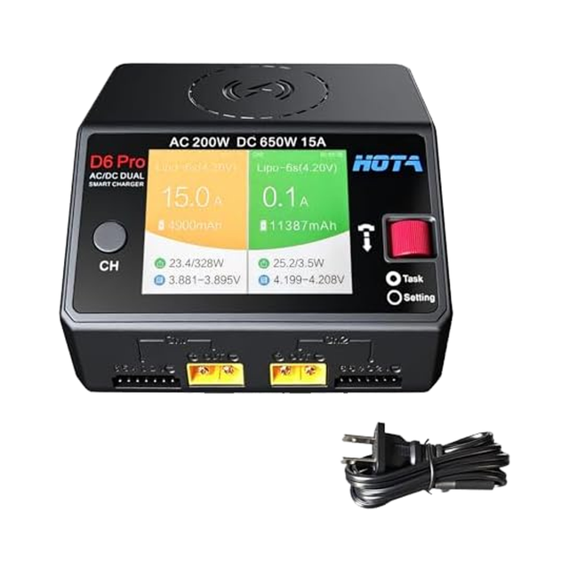 HOTA GBE-CHAR-D6 Pro Dual Channel Smart Lipo Battery Charger 200W-650W 15A LiHV/Nicd/NiMH Balance LED Illumination 9V/2A Output