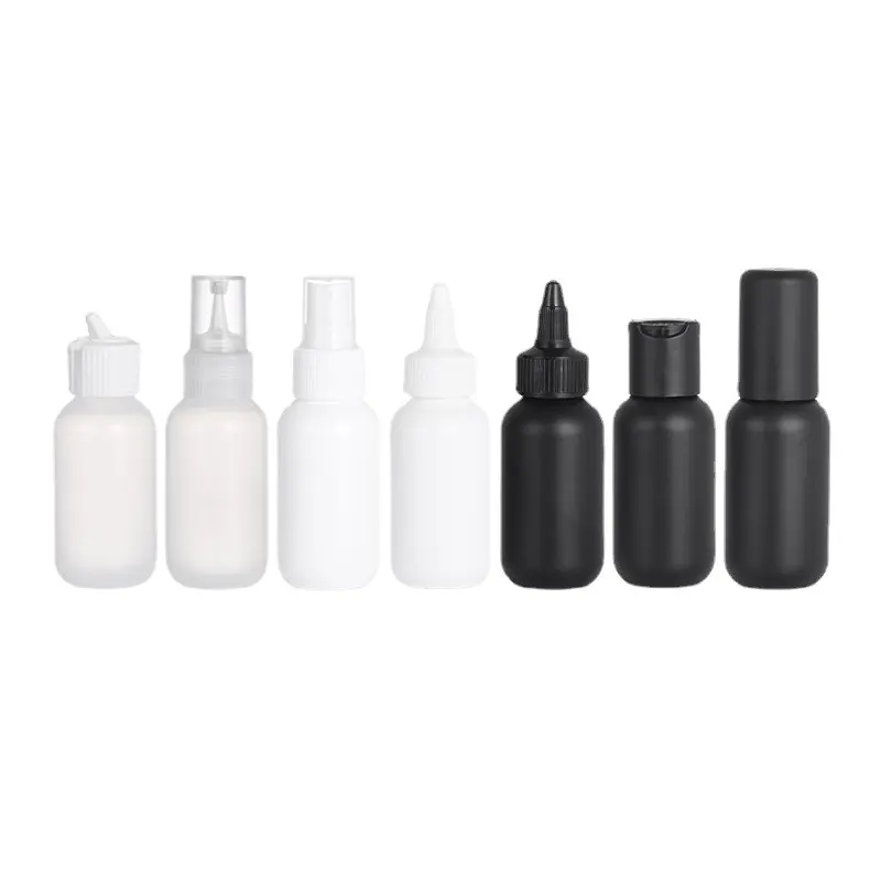 Estoque 60ml frasco redondo de plástico LDPE para transporte de loção shampoo embalagem recipiente branco preto para cuidados com a pele
