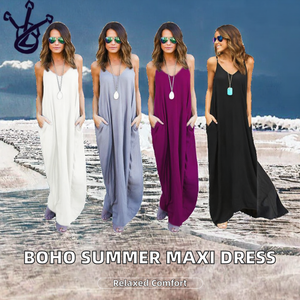 Summer <b>Boho</b> Breathable Eco-Friendly Maxi V-Neck Sleeveless Loose Fit Solid Color Chiffon <b>Long</b> <b>Dress</b> Pockets Women Casual Beach - Product Image 2