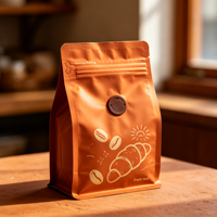 Sachet à café en aluminium imprimé en gravure personnalisée, finition mate, fond plat, huit soudures latérales, avec valve unidirectionnelle