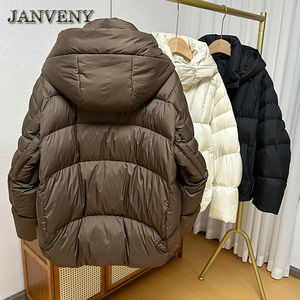 JANVENY 2024 새로운 울트라 라이트 따뜻한 후드 빵 패딩 다운 재킷 여성 두꺼운 따뜻한 파카 느슨한 90% 화이트 오리 다운 깃털 코트