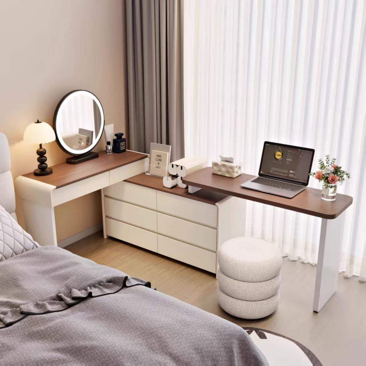 Cream White - 3-Drawer Chest with Round Mirror Stool