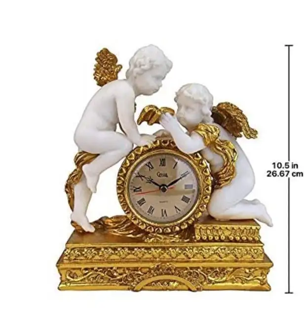 Polyresin 시계 Chateau Carbonne Cherub Mantel 시계 동상, 10 인치, Polyresin, 금 및 상아