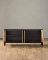 Buffet de rangement en bois noir style ferme du milieu du siècle, gain de place pour salon, appartement et hôtel