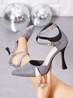 Escarpins de luxe pour femmes à bout pointu, scintillants, talons hauts, double bride croisée à la cheville, pour soirée et mariage, support OEM/ODM