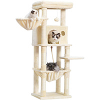 Arbre à chat moderne et écologique en bois et sisal, 4 niveaux, grande plateforme, panier, condo, poteaux à gratter pour chat de 52,4 pouces, pour l'intérieur, Noël