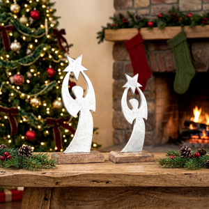 Silver <b>Angels</b> <b>Tree</b> <b>Top</b> Aluminum & Wood Base Easy Portable Home Decor Craft <b>Christmas</b> Gift Set - Product Image 1