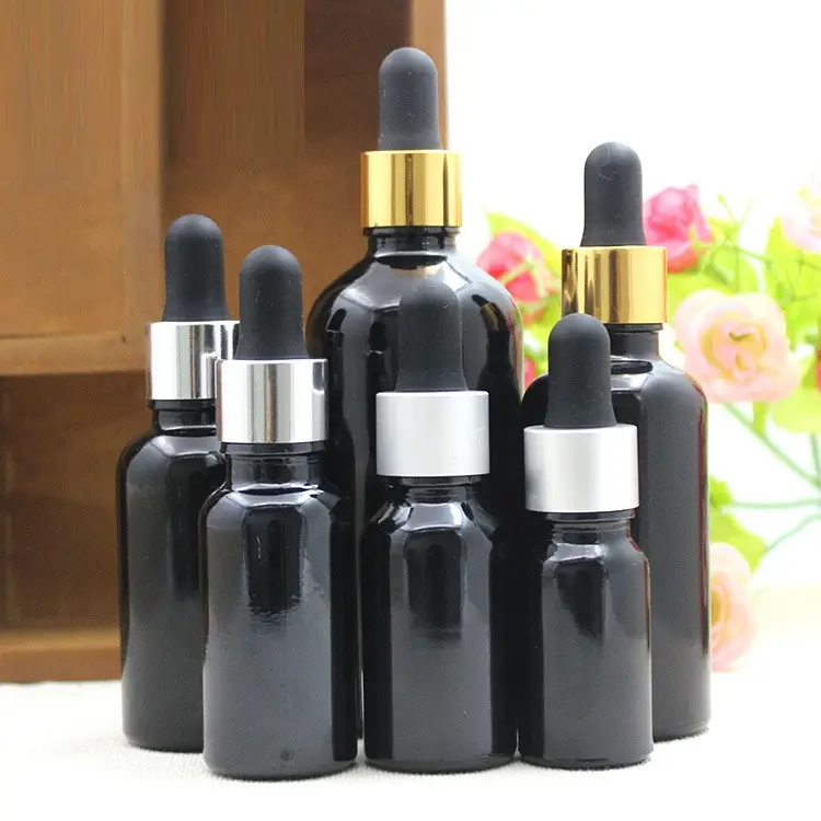 30ml Glossy Black Essential Oil Glass Dropper Bottle With Bamboo Lid