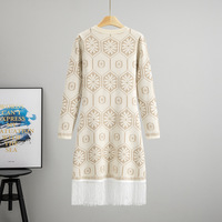 Robe midi élégante de style ethnique pour femme, pour l'automne et l'hiver, décontractée, en jacquard, taille cintrée, avec des franges, nouvelle tendance 0594
