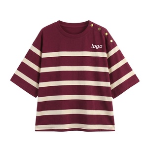 Wholesale Women Casual Loose fit Striped T-<b>Shirt</b> TKAN1154D Drop Shoulder Half Sleeve Crew Neck polyester t <b>shirt</b> with Button - Product Image 1