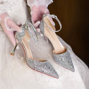 Zapatos de Novia con Tacón de Aguja, Punta Puntiaguda, Correa en el Tobillo, Cristales Brillantes, Tacones Altos de 5cm-8cm, Tallas 35-40 - Product Image 3
