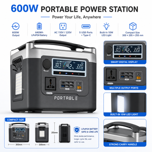 Station d'alimentation portable Hishine 600W 640Wh LiFePO4, générateur solaire rechargeable OEM pour le <span class=keywords><strong>camping</strong></span>, la maison, la sauvegarde et les situations d'urgence - Product Image 3