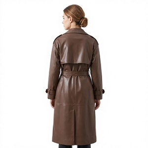 Brown PU Leather Trench <b>Coat</b> <b>Women</b> Long Sleeve <b>Double</b> <b>Breasted</b> Belted Elegant Autumn Outerwear Solid Color Full Length - Product Image 3