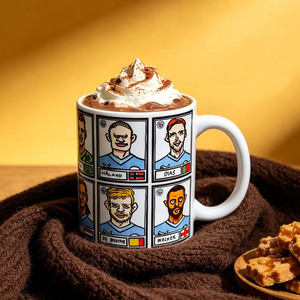 Taza <span class=keywords><strong>de</strong></span> Cerámica con Caricatura del Manchester City FC, 11oz 360 °   Taza <span class=keywords><strong>de</strong></span> Café con Diseño <span class=keywords><strong>de</strong></span> Haaland y <span class=keywords><strong>De</strong></span> <span class=keywords><strong>Bruyne</strong></span> para Fanáticos del Fútbol - Product Image 1