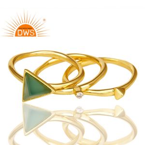 Triangle Cut Green Onyx Gemstone CZ Ring 925 Sterling Silver Gold Plated Stacking Ring Manufacturer Supplier - Product Image 3