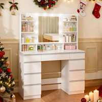 Coiffeuse moderne en MDF avec éclairage LED, 1 grand et 8 petits tiroirs, luminosité réglable, grand miroir HD et 9 compartiments de rangement ouverts