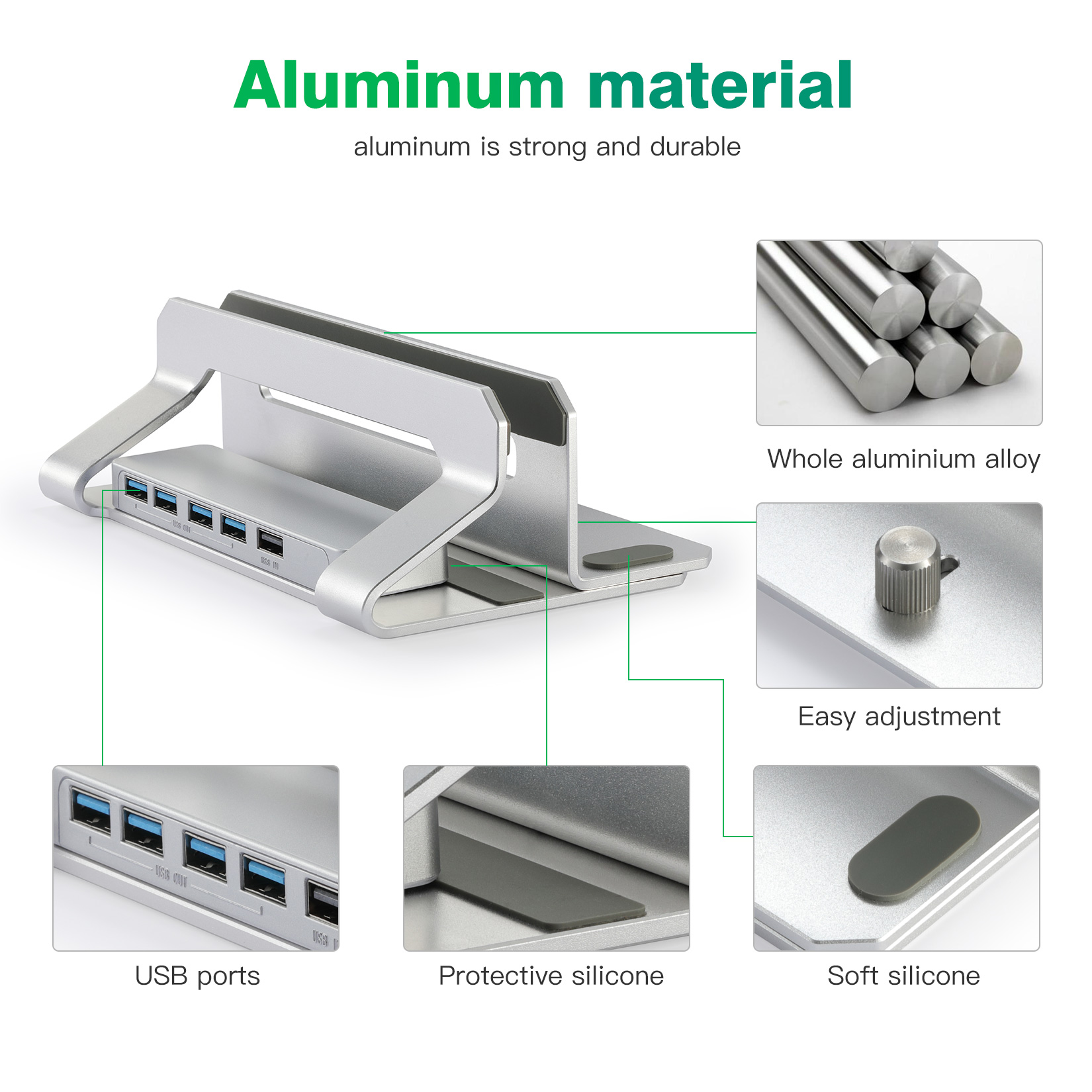 Aluminum Width Adjustable Vertical Desktop Holder Dock Save Space for Desk Organizers and Storage Laptop Stand With 3.0 Hub