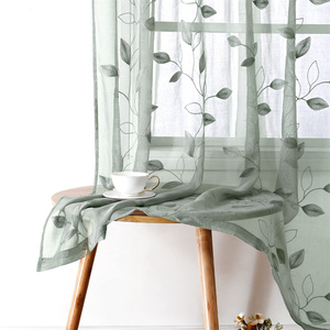 Rideaux en voile semi-transparent en lin synthétique à motif de feuilles brodées <span class=keywords><strong>vert</strong></span> <span class=keywords><strong>sauge</strong></span> pour chambre à coucher chambre d'enfant - Product Image 3