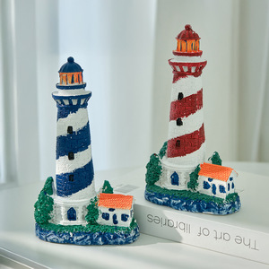 Ornement phare en résine, 2 pièces, style méditerranéen, décoration de bureau, décoration artisanale pour chambre à coucher - Product Image 1