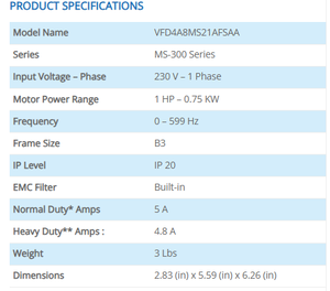 Variateur de fréquence série MS300 VFD4A8MS21AFSAA 0,75 kW monophasé 230 V avec filtre intégré - Product Image 2
