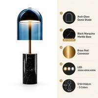 Lámpara de Mesa Moderna con Arco de Vidrio Azul, Base Cilíndrica de Mármol Negro, Conector de Latón, Luz LED Cálida, para Dormitorio, Hotel u Oficina