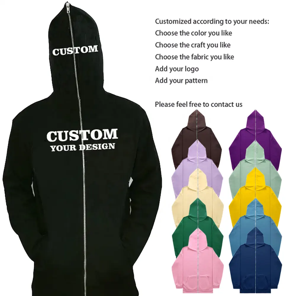 Wholesale Blank Custom Hoodie Vendors Design Logo Plain Black All Over Print Full Face Zip Up Hoodie