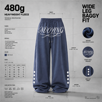 Celana Jogger Pria Navy Blue Washed Wide Leg dengan Kancing Samping, Logo Script Grunge Y2K Streetwear, Grosir Celana Pria Custom