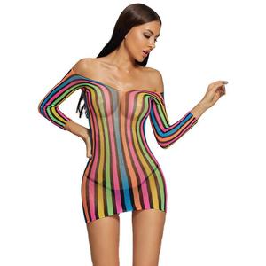 Robe moulante en résille à rayures arc-en-ciel pour femme, tenue de soirée à épaules dénudées et manches longues - Product Image 5