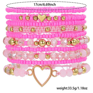 Heart Shaped <b>Beaded</b> <b>Bracelet</b> Set Pink 10 Piece Women's Jewelry Gift - Product Image 4
