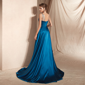 Robe de mariée Jancember Rl123 International en satin bleu, bretelles spaghetti, col en V, sans manches, fermeture éclair - Product Image 3