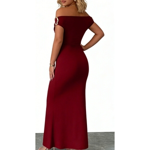 Women's Off-Shoulder Ruched Maxi Dress - Metal Bodycon Formal Gown Dresses Fashion - Product Image 4
