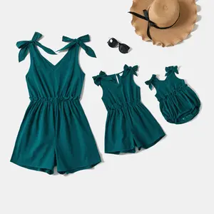 Summer Women's Mother Kids Girls Baby Dark Green Jumpsuits with bow Clothes for Family Matching Outfits Romper