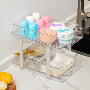 <b>2</b>-Tier Clear Plastic <b>Storage</b> Organizer with Dividers Multi-Functional Pull-out <b>Drawer</b> for Kitchen Bathroom Makeup & Cosmetics - Product Image 1