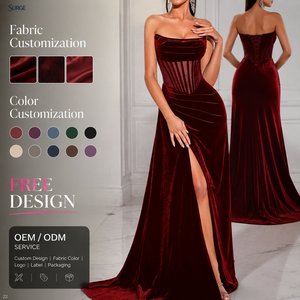 Robe de soirée formelle élégante pour femme en velours rouge, bustier corset sans bretelles, avec empiècement transparent, fente haute, coupe ajustée, longueur ras du sol, vente en gros - Product Image 1