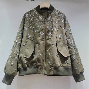 Z2150-2025 automne femmes marron veste col montant tissé perlé fleur fermeture éclair université veste femmes lâche décontracté - Product Image 1