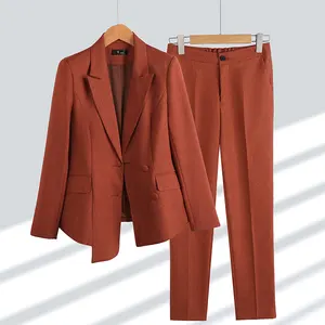 En son katı renk yaka ceket ve pantolon iş ofis takım elbise kadın iki parçalı takım elbise