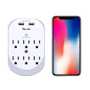 6 AC Outlets 2 USB Power Strip Surge Protector Wall Mountable Wall Socket with Child Protection Mini Size Spike Guard