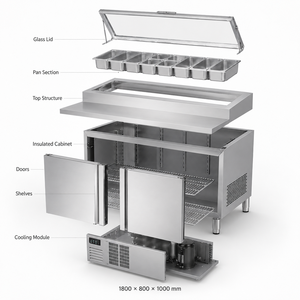 <span class=keywords><strong>Tavolo</strong></span> Refrigerato Commerciale per Preparazione Insalate e Sandwich, Banco Frigorifero <span class=keywords><strong>in</strong></span> Acciaio Inox per Pizza con Vetrina Protettiva - Product Image 4
