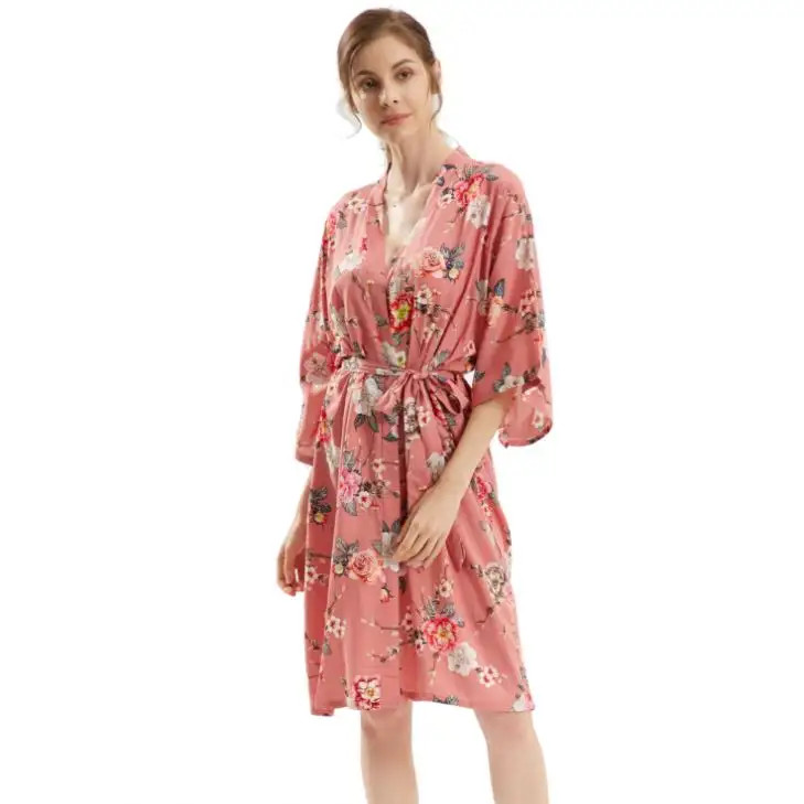 Yüksek kaliteli rahat saten <span class=keywords><strong>ipek</strong></span> çiçek baskılı kumaş yumuşak pijama elbiseler kadınlar için