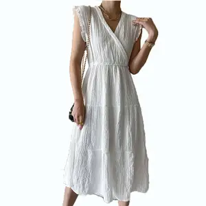 wholesale plain ruffled cuffs wrap textured midi dresses crinkled ladies clothes white sleeveless summer beach dress