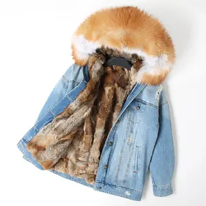 Denim Parka Bontjas Jeans Parka Wasbeer Bont Vrouw Jacket Raccoon Fur Hooded Afneembare Plus Size Winter Kleding